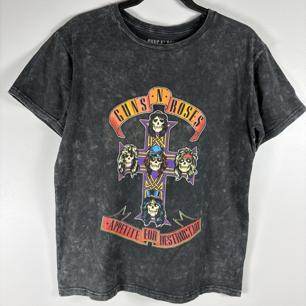 Guns N Roses Large Black Tie Dye Cross Skull Graphic Print Crew‎ Neck Band Shirt